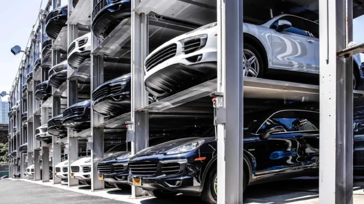 Outdoor 3 car stacker installed at a mechanic workshop in Australia